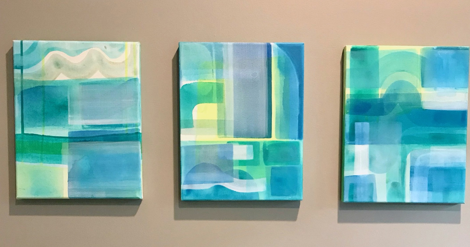 Blue Windows. Acrylic on canvas, 8 × 10 in each, three panels.
