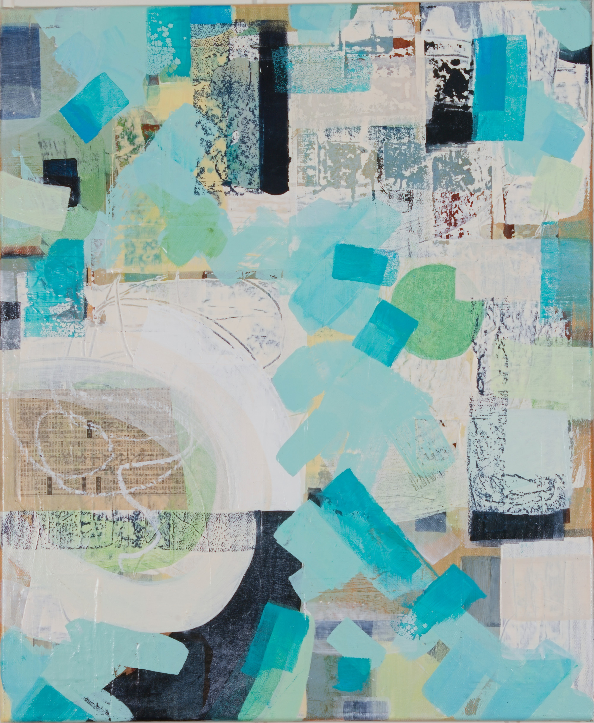 Floating Aquas. Acrylic and paper on canvas, 20 × 24 in.