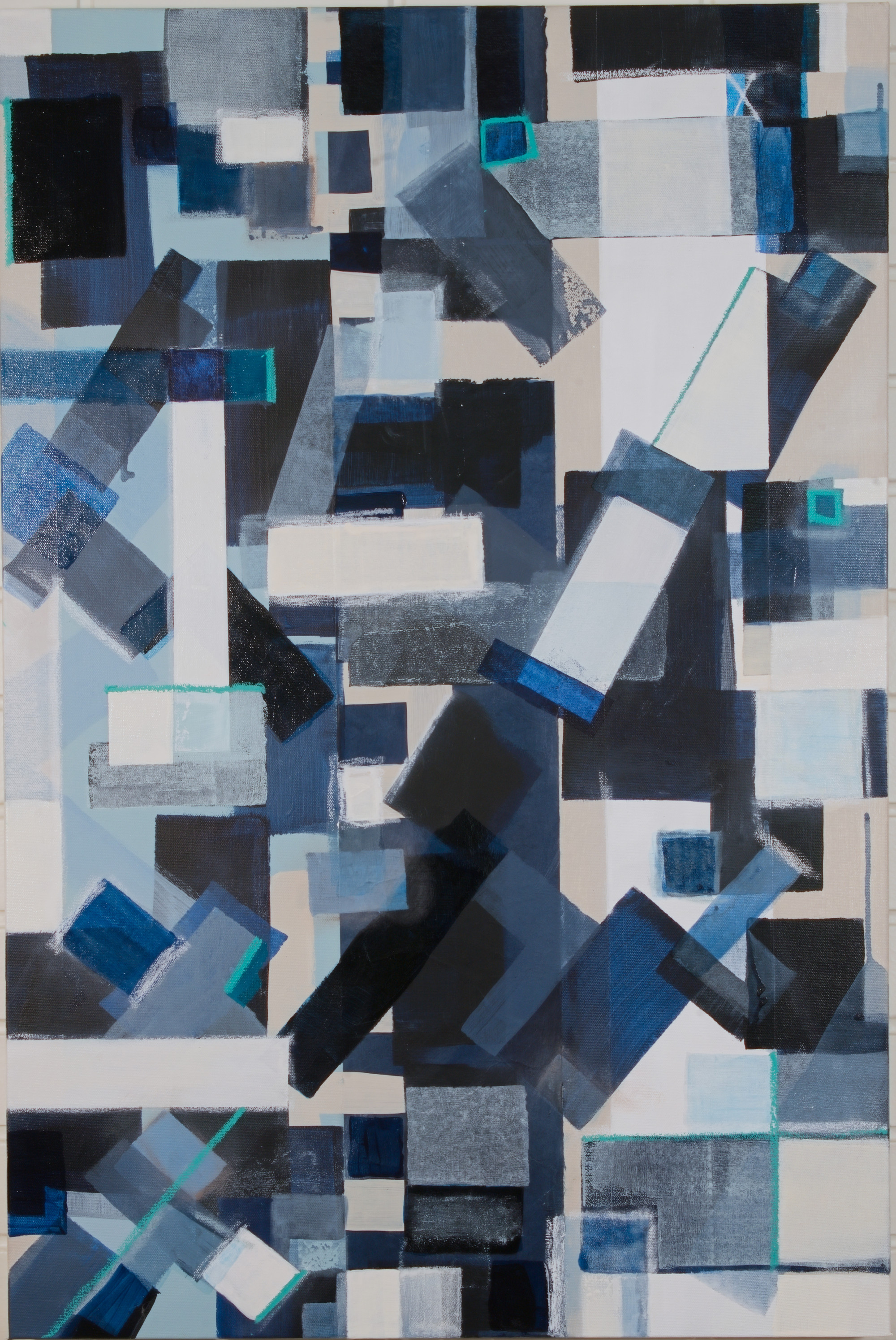 Structural Blues. Acrylic and paper on canvas, 24 × 36 in.