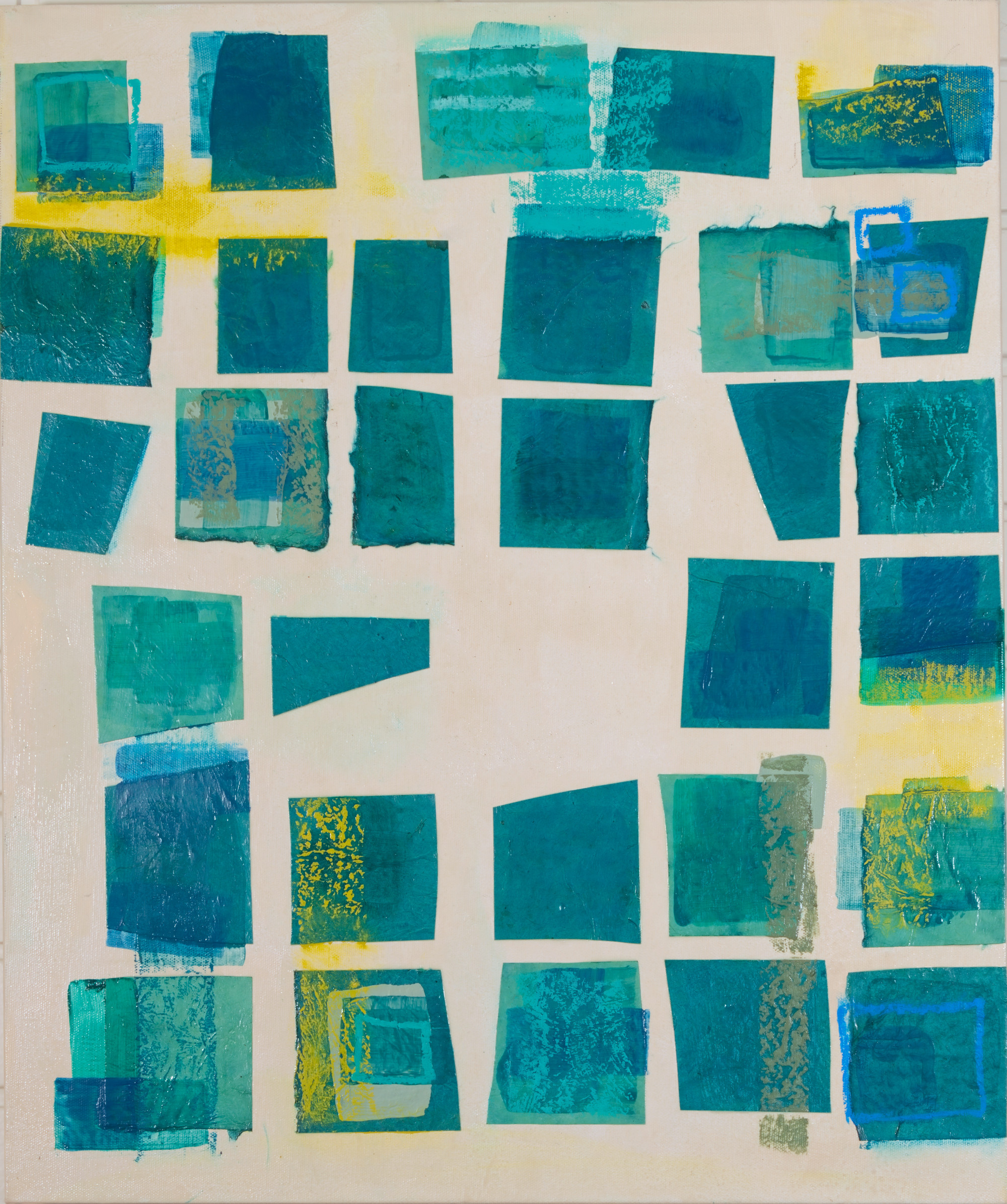 Verdant Stacks. Acrylic and paper on canvas, 20 × 24 in.