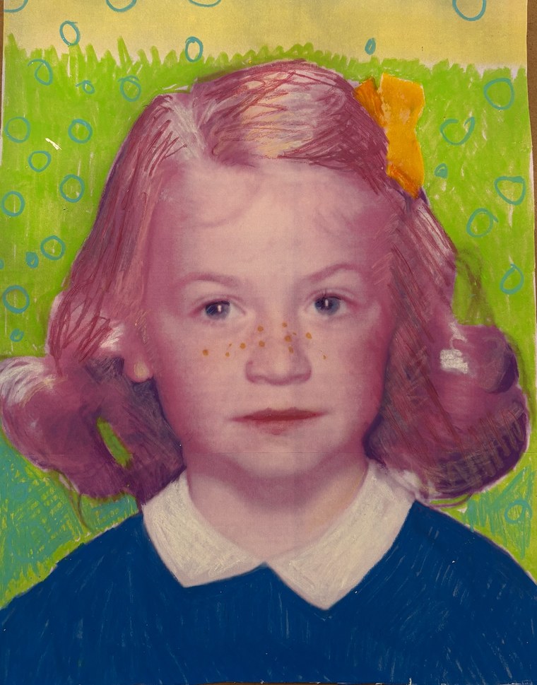School portrait of Laurie as a young girl, printed and worked over in pastel: hair shaded pink, a yellow bow filled in, a green scribbled background with drawn circles.